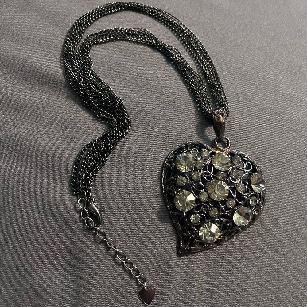 Elegant black filigree Heart Pendant Necklace with rhinestones goth gothic emo